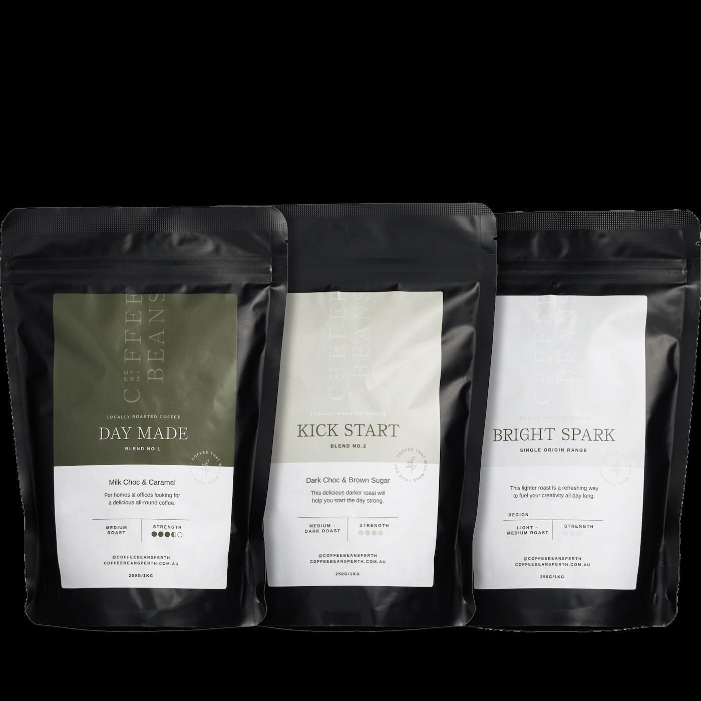 Photo of three bags of coffee beans available as part of our coffee subscription in Perth